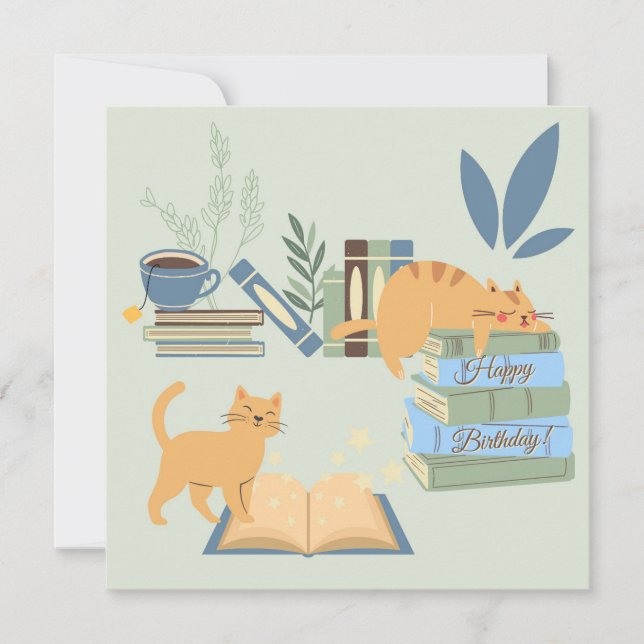 Tarjeta Cumpleaños de Gatos en Libros (Anverso)
