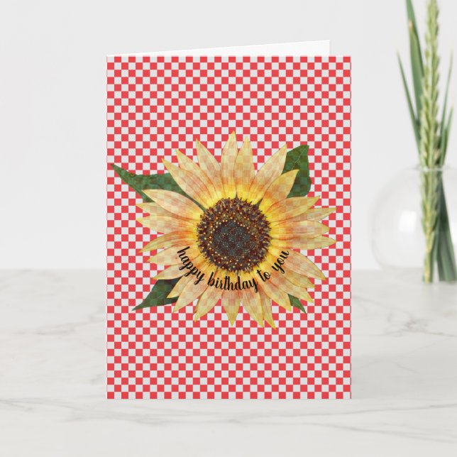 Tarjeta cumpleaños de girasol en gingham roja y blanca (Anverso)