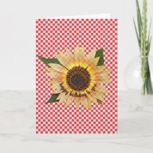 Tarjeta cumpleaños de girasol en gingham roja y blanca