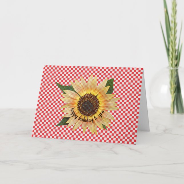 Tarjeta cumpleaños de girasol en gingham roja y blanca (Anverso)