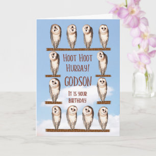 Tarjeta Cumpleaños de Godson, búhos curiosos