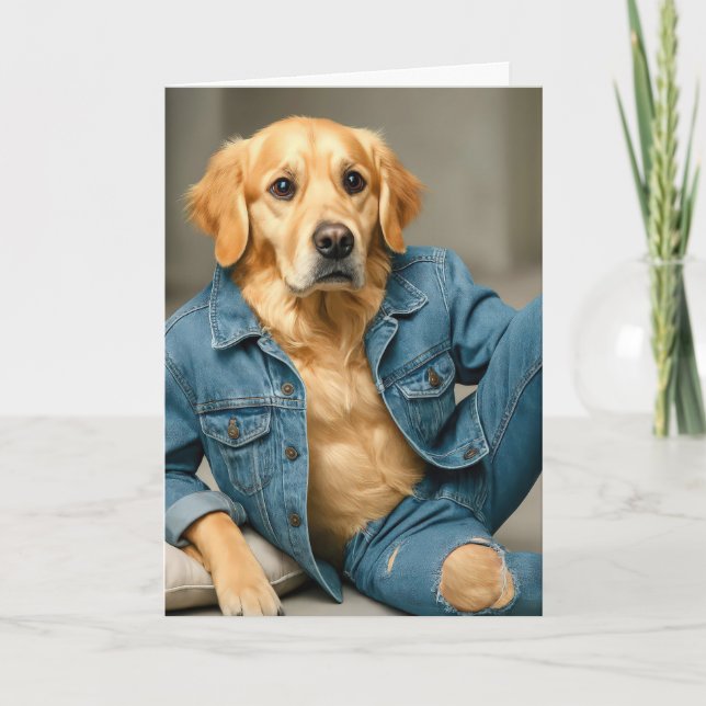 Tarjeta Cumpleaños De Golden Retriever En Jeans Azules (Anverso)