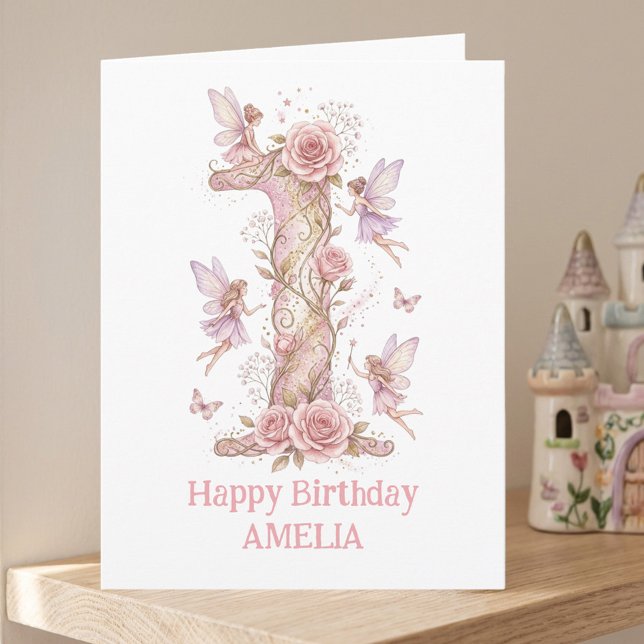 Tarjeta Cumpleaños de Hada Uno Primero Rosa Número Uno Niñ (Fairy First Birthday Card - personalise with child's name, greeting and date of 1st birthday)