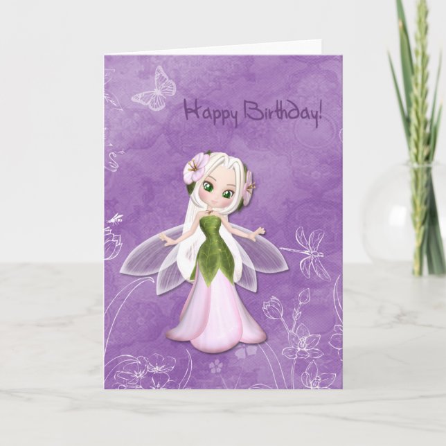 Tarjeta Cumpleaños de hadas de la flor feliz (Anverso)