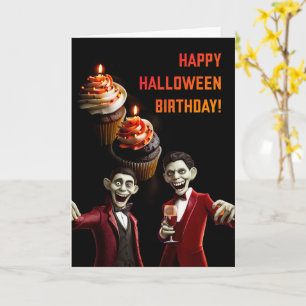 Tarjeta Cumpleaños de Halloween con pasteles y vino Ghouls