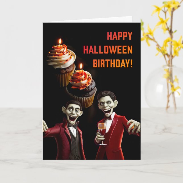 Tarjeta Cumpleaños de Halloween con pasteles y vino Ghouls (flor amarilla)