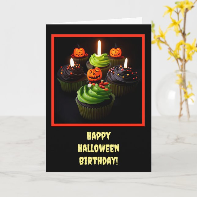 Tarjeta Cumpleaños de Halloween con tartas (flor amarilla)