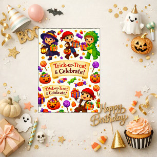 Tarjeta Cumpleaños de Halloween de dibujos animados naranj
