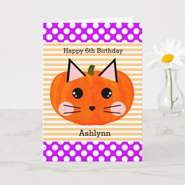 Tarjeta Cumpleaños de Halloween, gato de calabaza Naranja  (Planta pequeña)