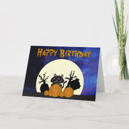 Tarjeta Cumpleaños de Halloween Gato negro w Pumpkins Grav