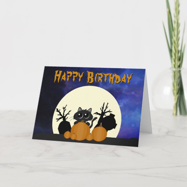 Tarjeta Cumpleaños de Halloween Gato negro w Pumpkins Grav (Anverso)