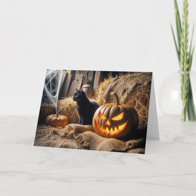 Tarjeta Cumpleaños de Halloween Jack-o-Lantern y Gato de B (Anverso)