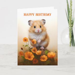 Tarjeta Cumpleaños de Hamster Entre Flores Naranjas