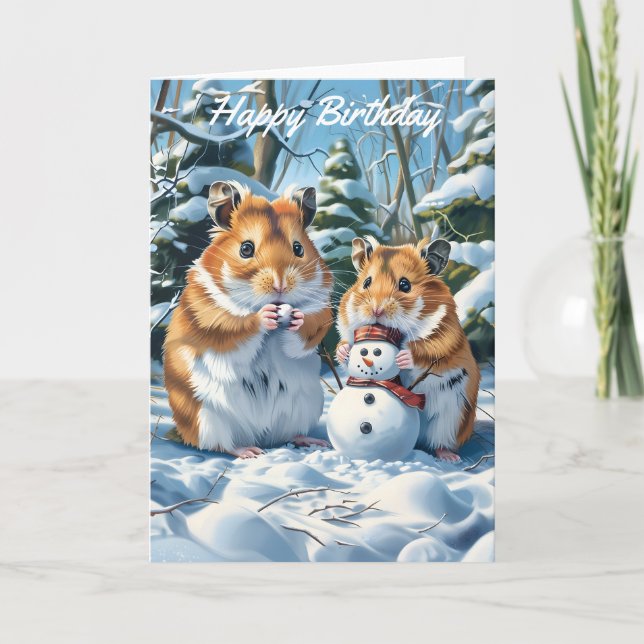 Tarjeta Cumpleaños de Hamsters y Snowman (Anverso)