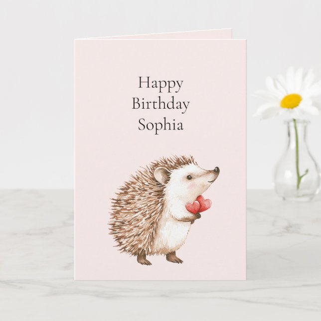 Tarjeta Cumpleaños de Hedgehog Pink Red Hearts de Rubor (Planta pequeña)