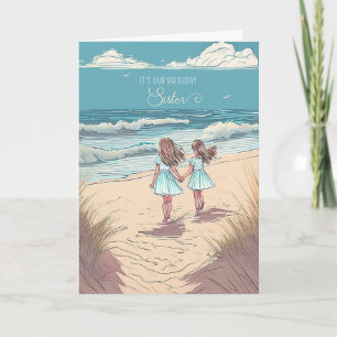 Tarjeta Cumpleaños de hermana gemela niñas en la playa