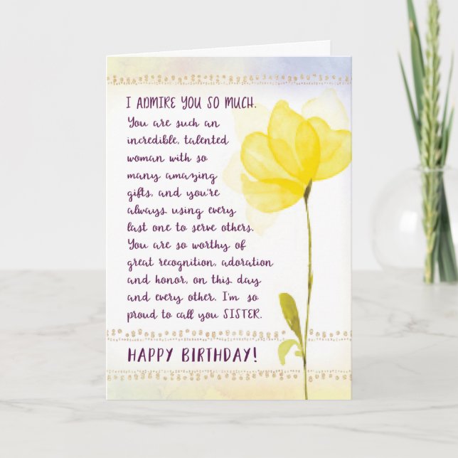 Tarjeta Cumpleaños de hermana, te admiro mucho (Anverso)