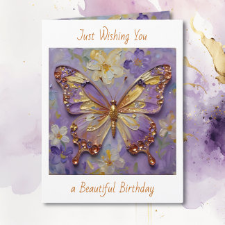 Tarjeta Cumpleaños de hermosa mariposa púrpura y flores