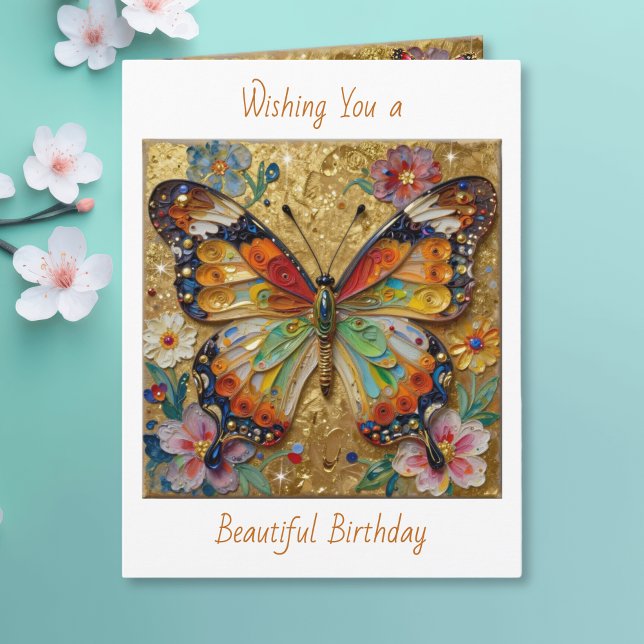 Tarjeta Cumpleaños de hermosa mariposa y flores con impast (Subido por el creador)