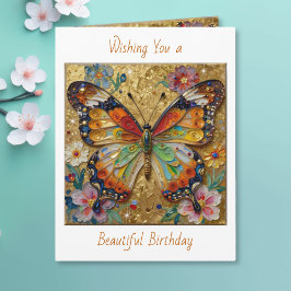 Tarjeta Cumpleaños de hermosa mariposa y flores con reliev