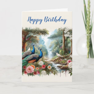 Tarjeta Cumpleaños de hermosos pavos reales en la selva ll