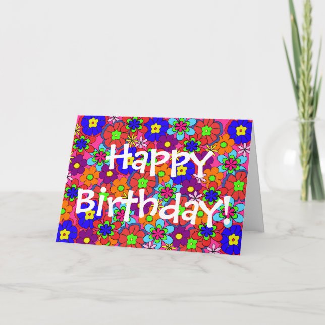 Tarjeta Cumpleaños de Hippy Retro Flowers (Anverso)