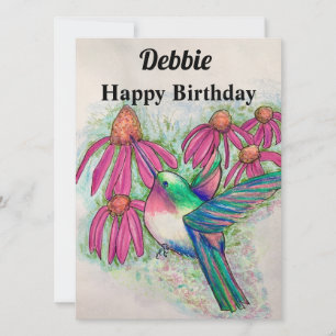 Tarjeta Cumpleaños de Hummingbird Pink Coneflowers