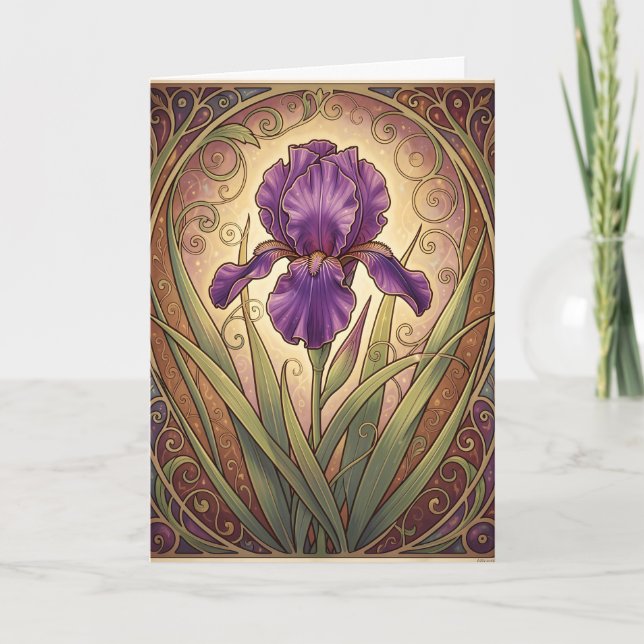 Tarjeta Cumpleaños de Iris Púrpura Art Nouveau (Anverso)