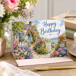 Tarjeta Cumpleaños de jardín de cottage junto al mar en ac