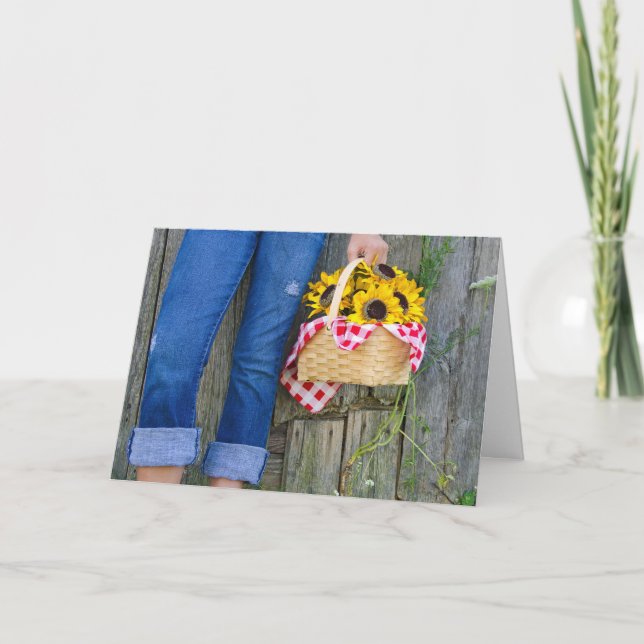 Tarjeta cumpleaños de jeans azules y girasoles (Anverso)