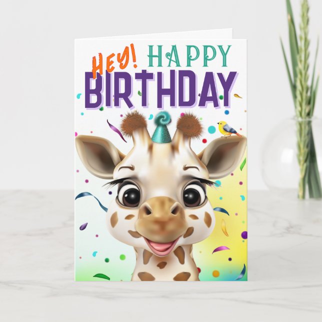 Tarjeta Cumpleaños de jirafa con confeti (Anverso)
