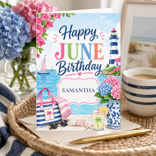Tarjeta Cumpleaños de junio costero de verano colorido con