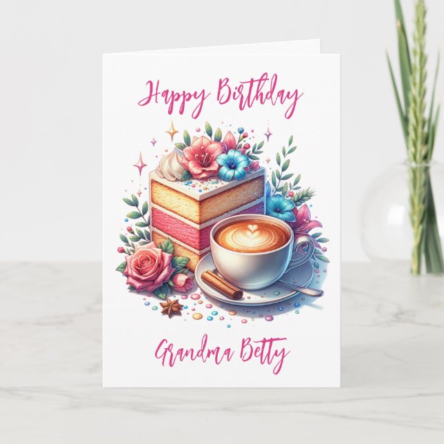 Tarjeta Cumpleaños de la abuela del café y el pastel (Anverso)