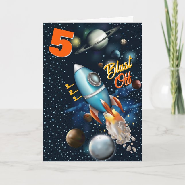 Tarjeta Cumpleaños de la aventura espacial Rocketship (Anverso)