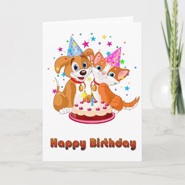 Tarjeta Cumpleaños de la celebración del perro y del gato (Anverso)