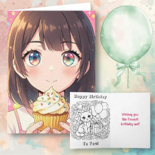 Tarjeta Cumpleaños de la chica anime rosa y página para co