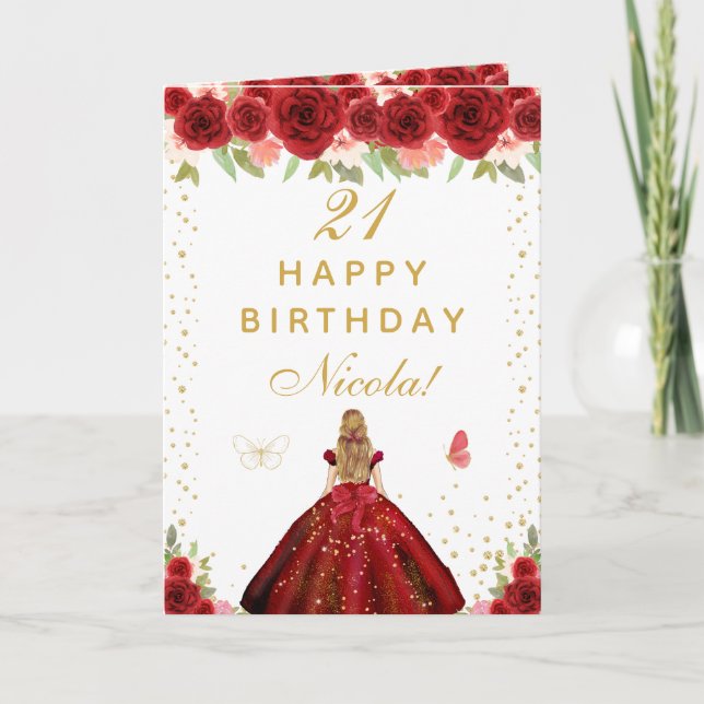 Tarjeta Cumpleaños de la chica de pelo rubio floral rojo (Anverso)