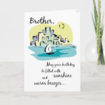 Tarjeta Cumpleaños de la ciudad del velero de Brother<br><div class="desc">Un ilustracion muy lindo de un velero al lado de una ciudad en un día soleado. Perfeccione para desear un cumpleaños muy feliz a Brother que tenga gusto del mar.</div>