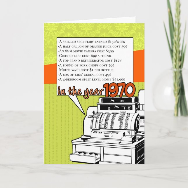 Tarjeta Cumpleaños de la diversión - Costo de vida en 1970 (Anverso)