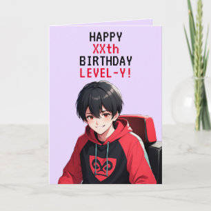 Tarjeta Cumpleaños de la Edad de Anime Única Roja y Púrpur