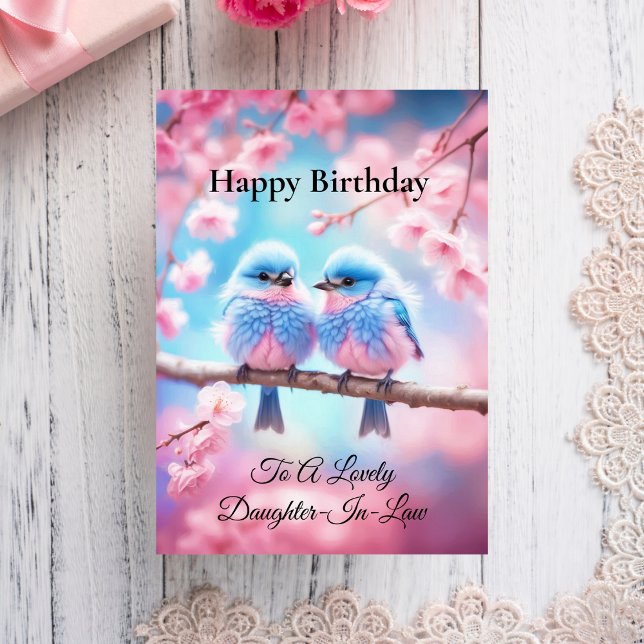 Tarjeta Cumpleaños de la encantadora nuera pájaros azules  (Cherished daughter-in-law, delight in this unique birthday card with fluffy bluebirds.)