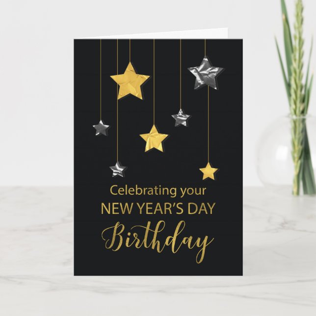 Tarjeta Cumpleaños de la estrella de Año Nuevo Shine Gold (Anverso)