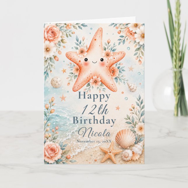 Tarjeta Cumpleaños de la Estrella de Mar Floral (Anverso)