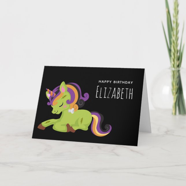 Tarjeta Cumpleaños de la Frankenstein Unicorn Halloween (Anverso)