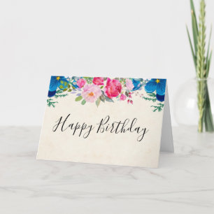 Tarjeta Cumpleaños de la Frontera de Flores Azules y Rosa