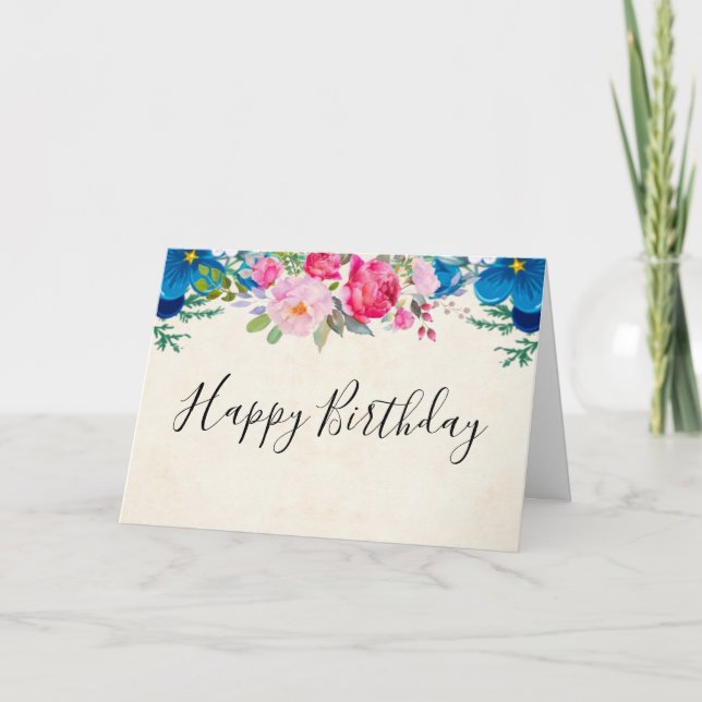 Tarjeta Cumpleaños de la Frontera de Flores Azules y Rosa  (Anverso)