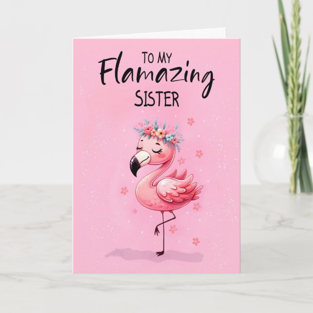 Tarjeta Cumpleaños de la hermana con Flamingo Fabulous y F (Anverso)
