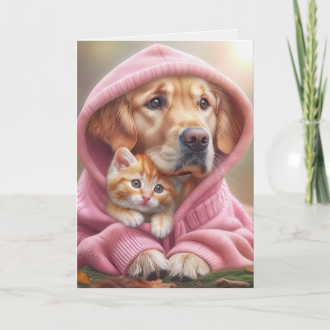 Tarjeta Cumpleaños de la hermana Golden Retriever y Kitten (Anverso)
