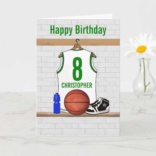 Tarjeta Cumpleaños de la Jersey de Baloncesto Blanco y Ver (Planta pequeña)
