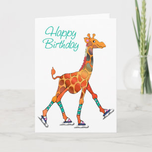 Tarjeta Cumpleaños de la jirafa de patinaje sobre hielo